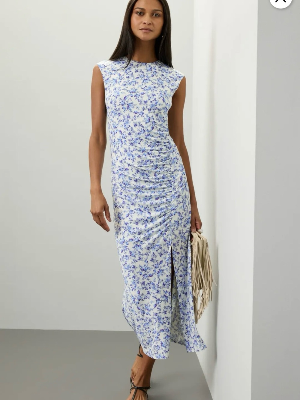 Maje Rikalia Floral Sleeveless Ruched Midi Dress